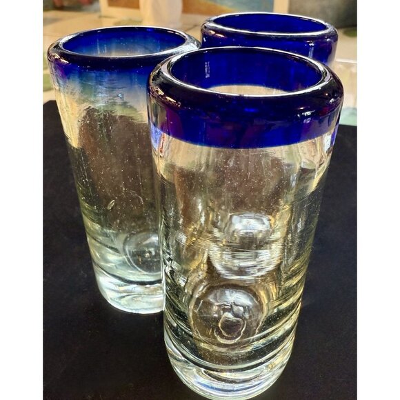 3 Mexican Hand Blown Shot Glass Blue Rim 4” - Picture 8 of 11